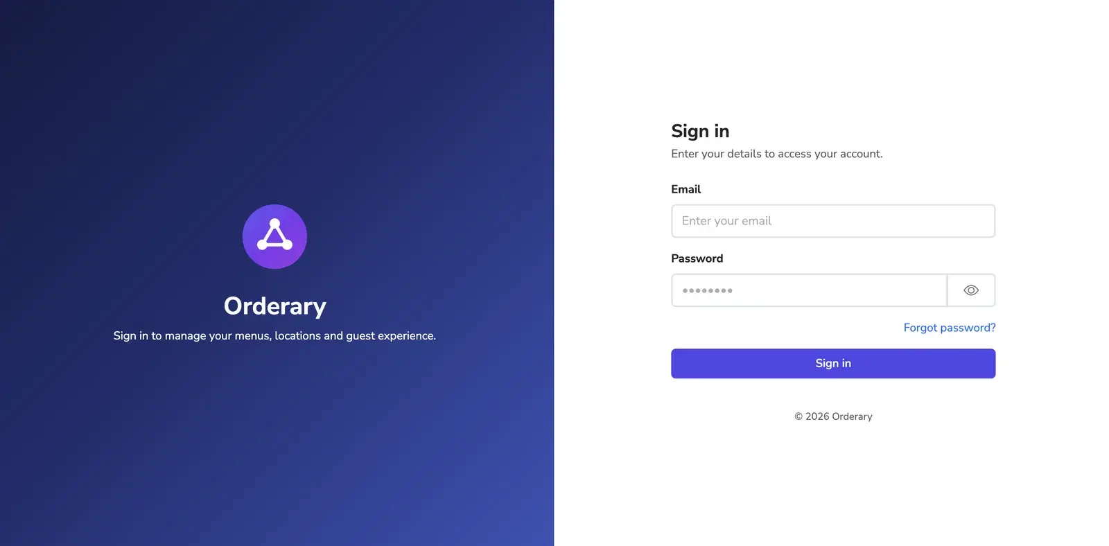 Orderary web app - sign in to the control panel